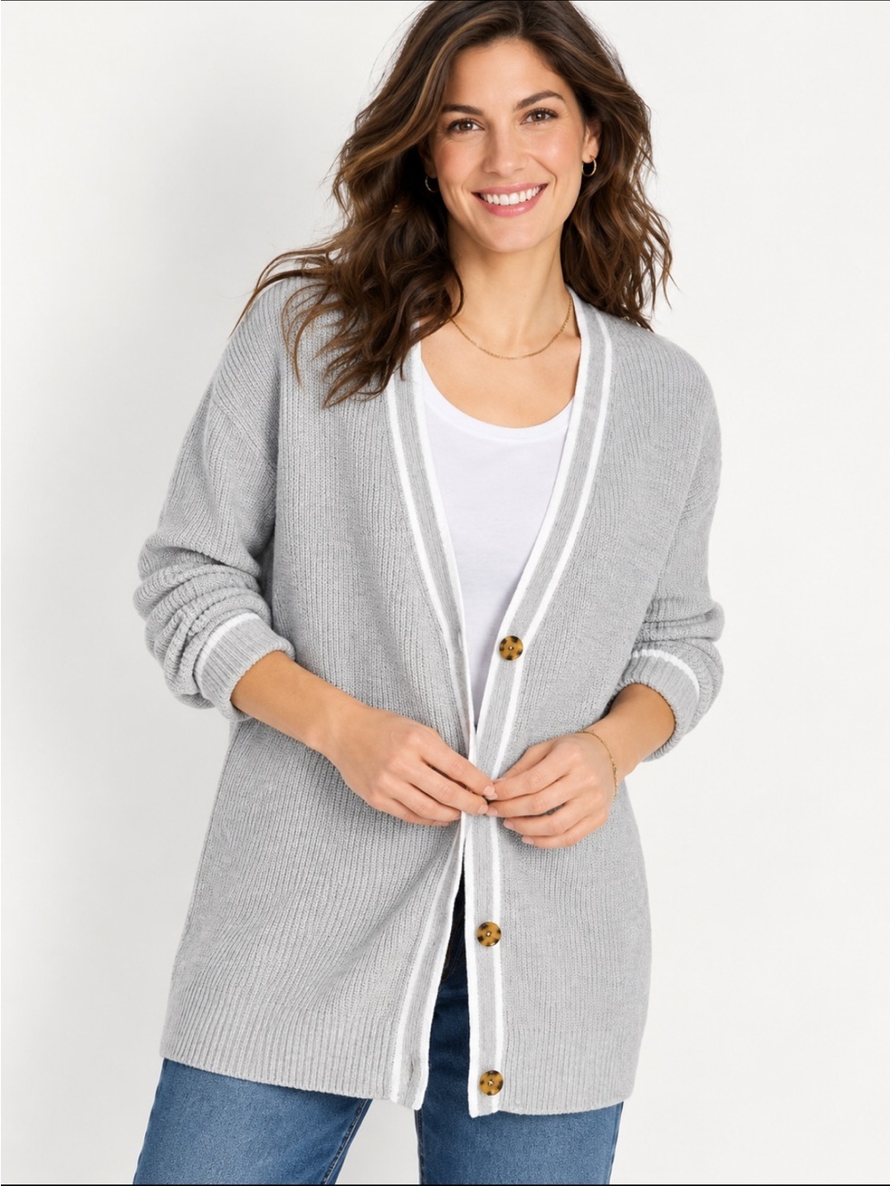 LandsEnd Women's Drifter Shaker Boyfriend Cardigan Sweater Gray/White Tipping